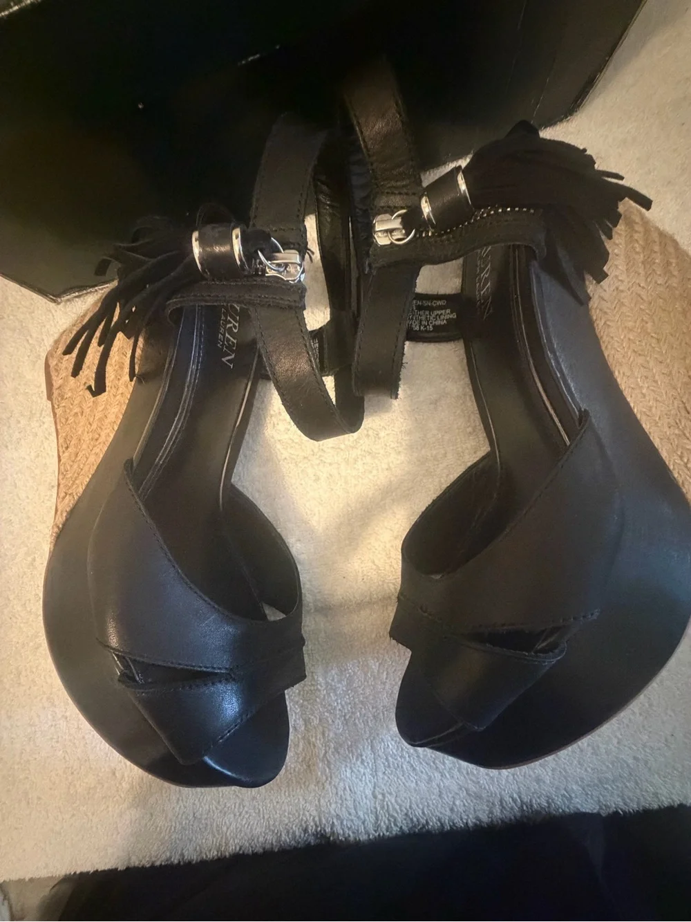 Lauren Ralph Lauren Black Leather Tassel Wedge Sandals